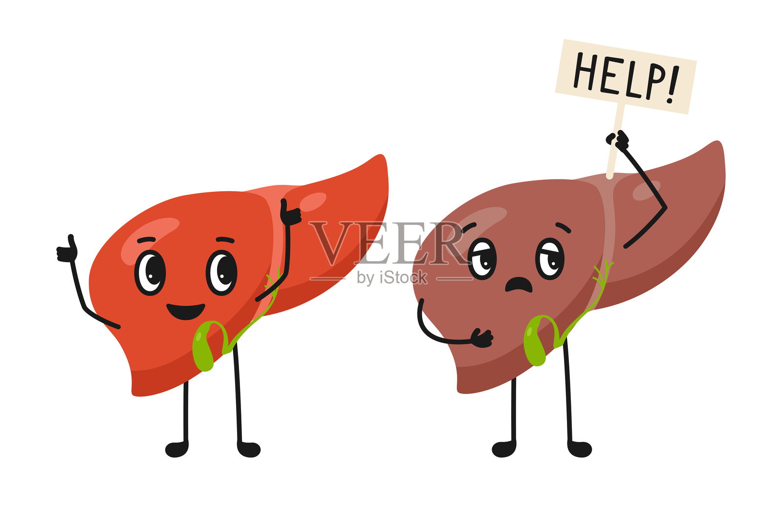 两个肝脏角色，健康与不健康，卡通儿童插图，矢量漫画医学海报插画图片素材