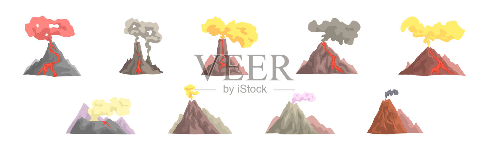 喷发的火山与山顶冒烟的矢量图集插画图片素材