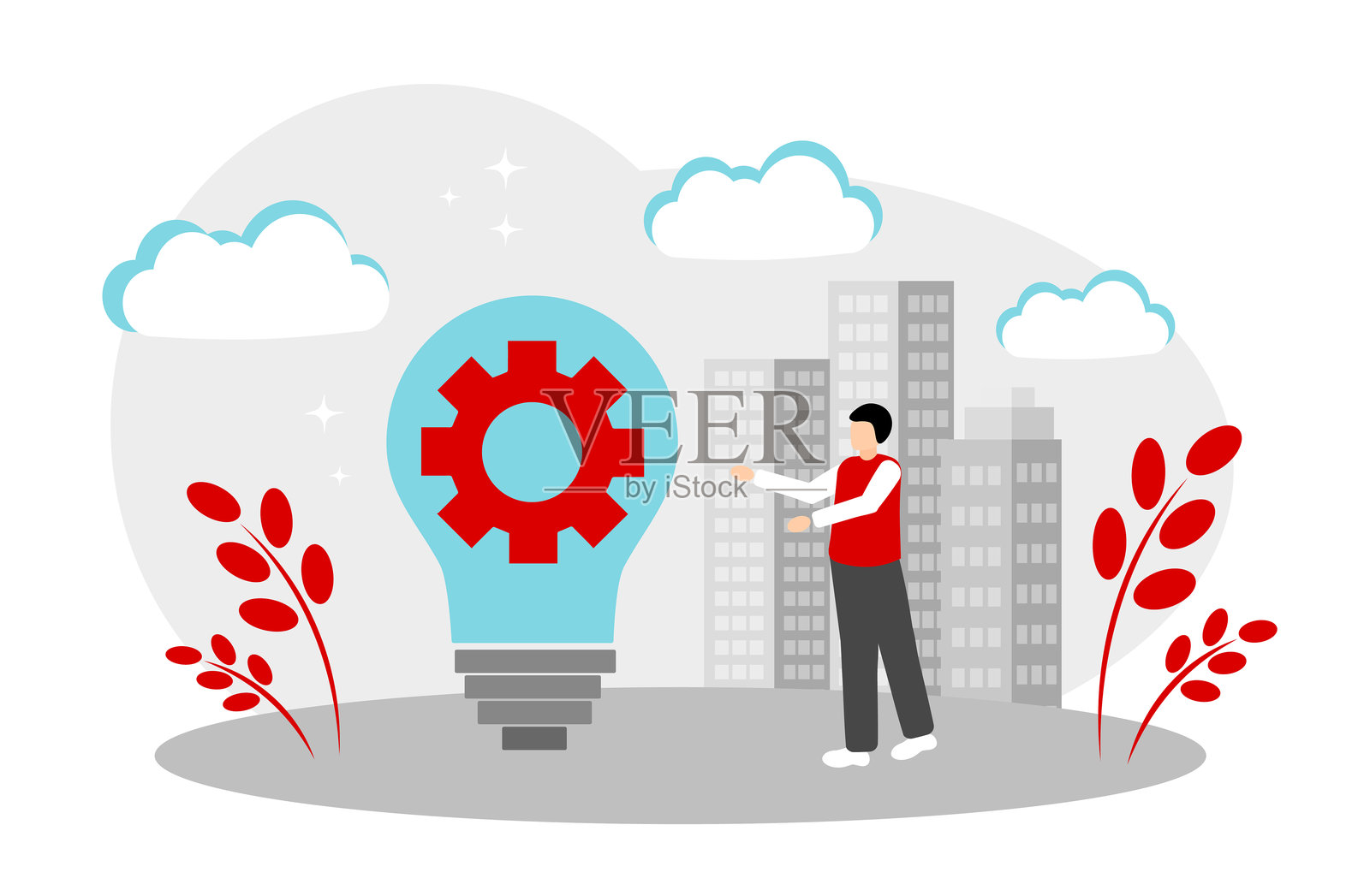 一个灯泡和一个齿轮。新想法、解决问题和复杂任务的概念。插画图片素材