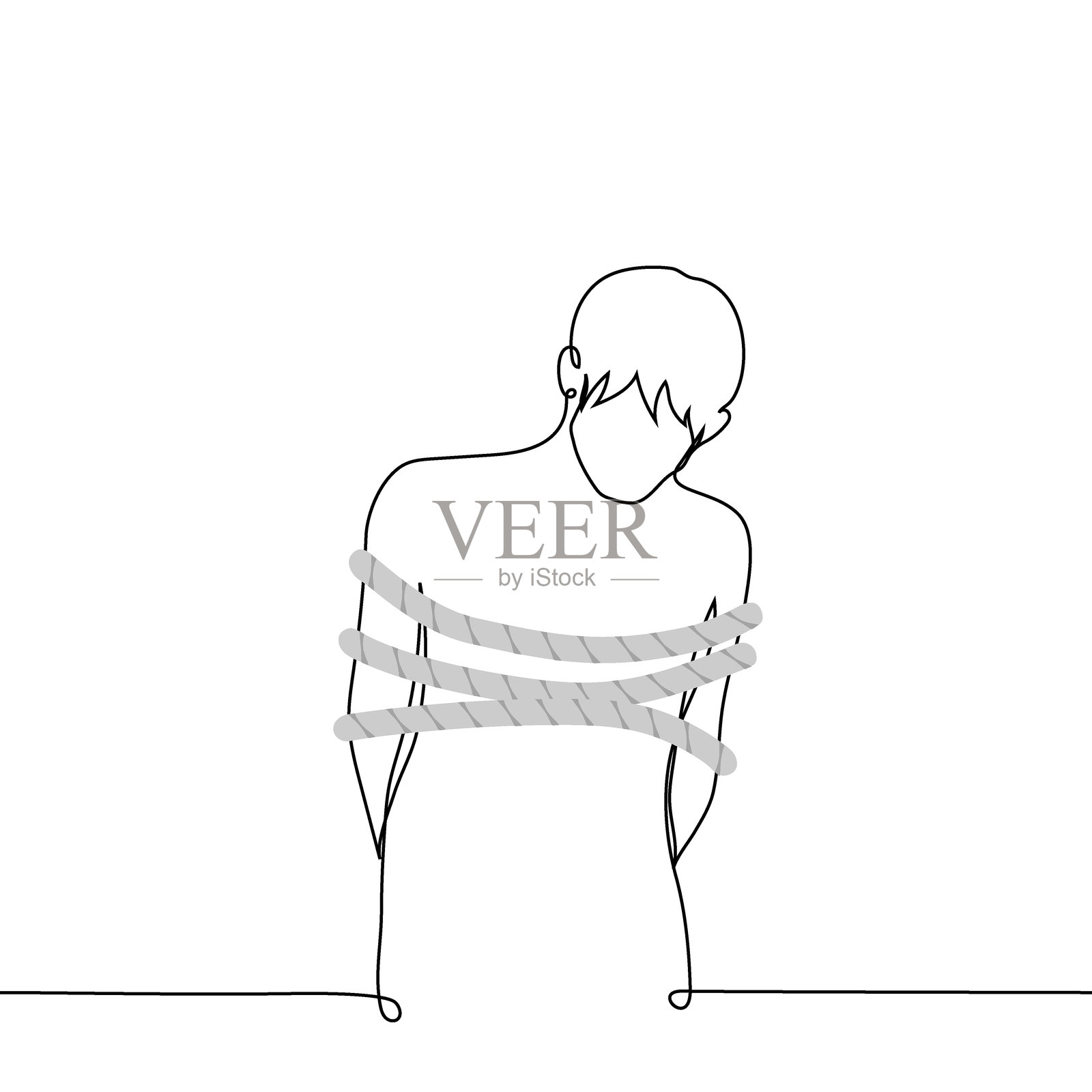 被粗绳绑住的男人，双手在身后 - 一幅线条艺术矢量图。概念：囚犯，暴力束缚，绊倒。插画图片素材