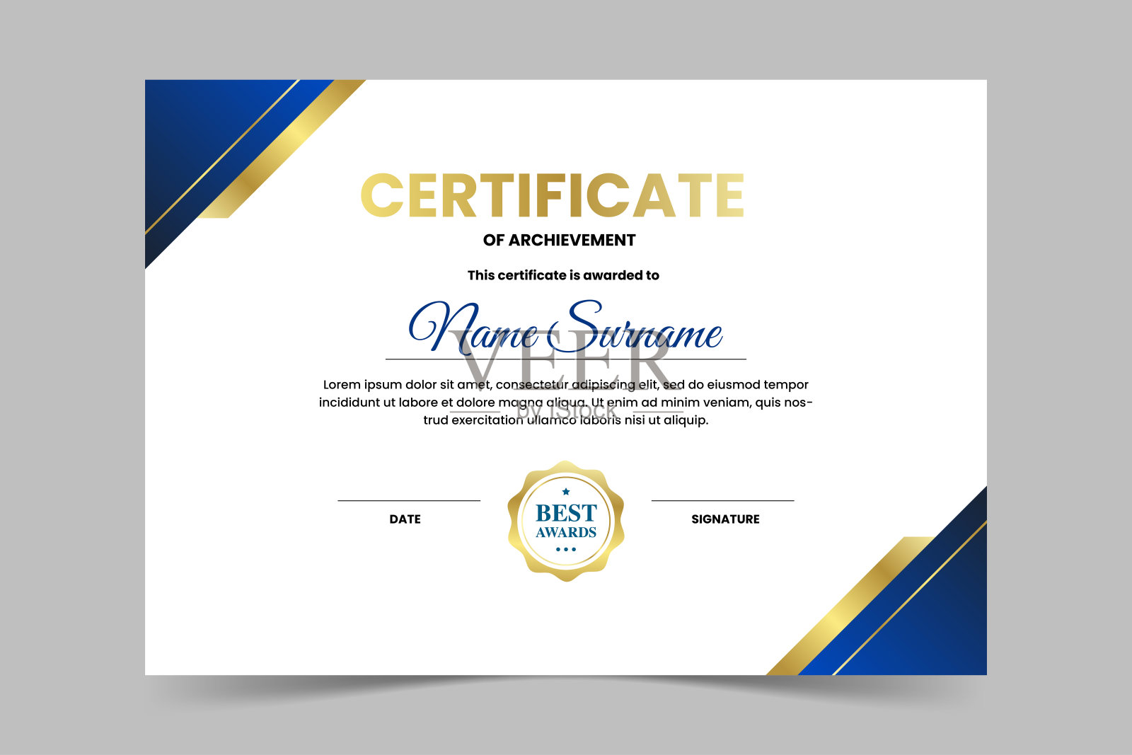 现代优雅的蓝色和金色证书模板。用于商业和教育的感谢。矢量插图插画图片素材