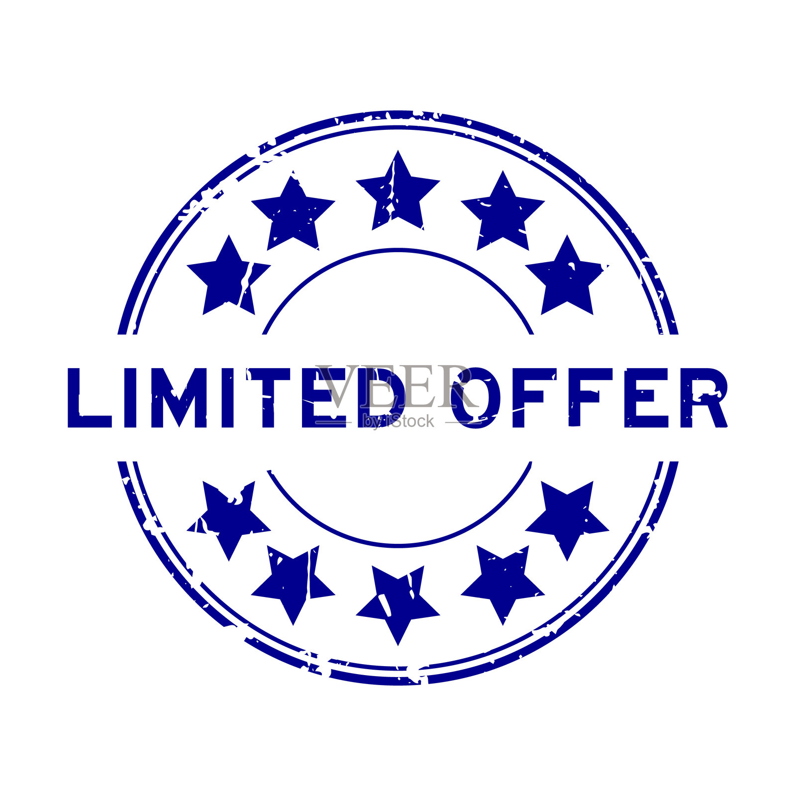蓝色磨损风格的限时优惠字样，带星形图标的圆形橡胶印章，背景为白色。插画图片素材