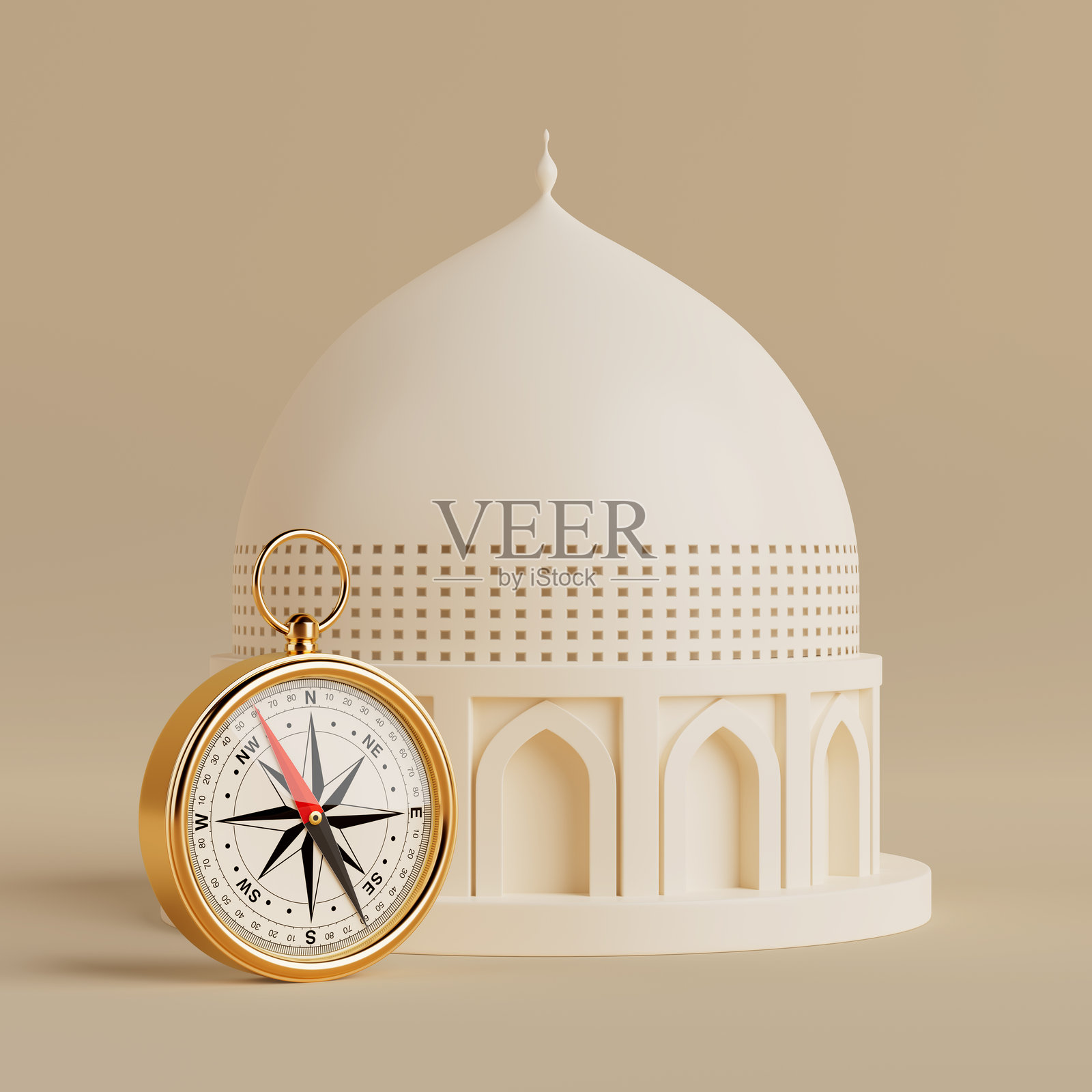 精神指导概念。白色清真寺模型与金色罗盘在米色背景上。3D渲染。照片摄影图片