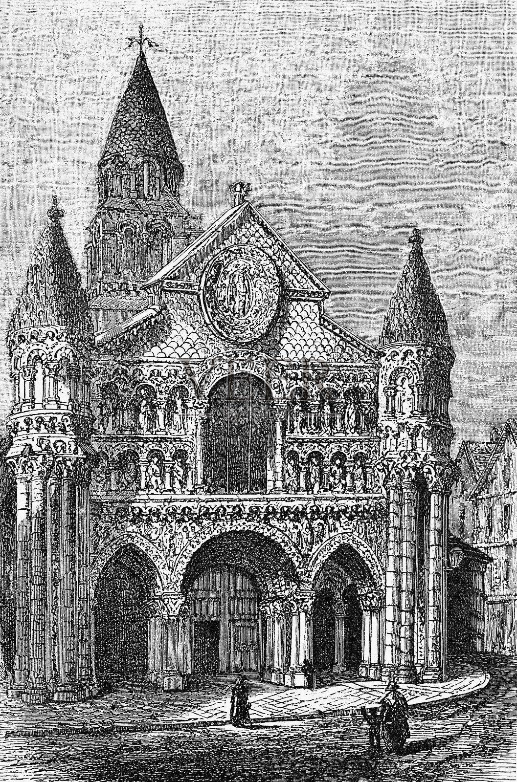 法国普瓦捷的罗马天主教堂大圣母院，复古雕刻插画图片素材