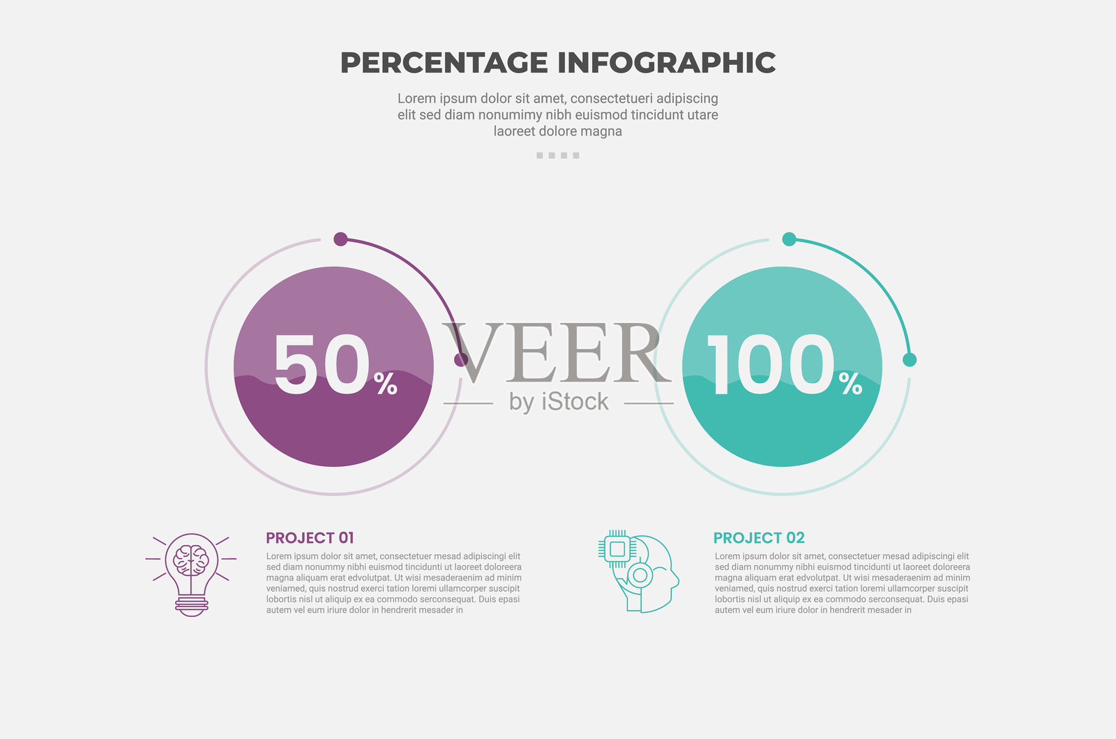 百分比信息图表轮廓风格，带有两个要点模板，大圆和小轮廓圆相对方向，适用于幻灯片演示。插画图片素材