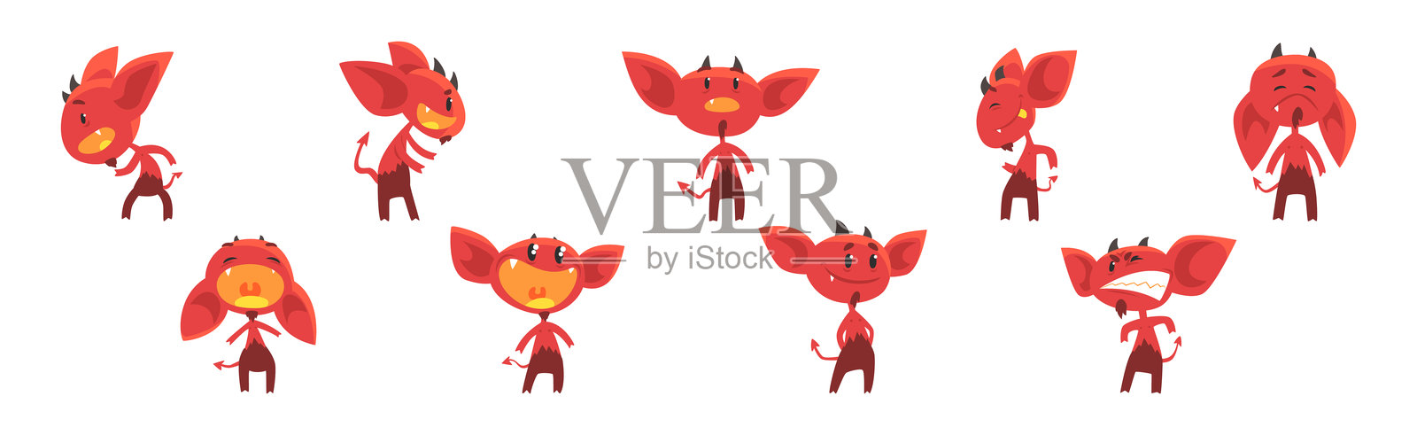 红色恶魔角色，带角和面部表情矢量图集插画图片素材