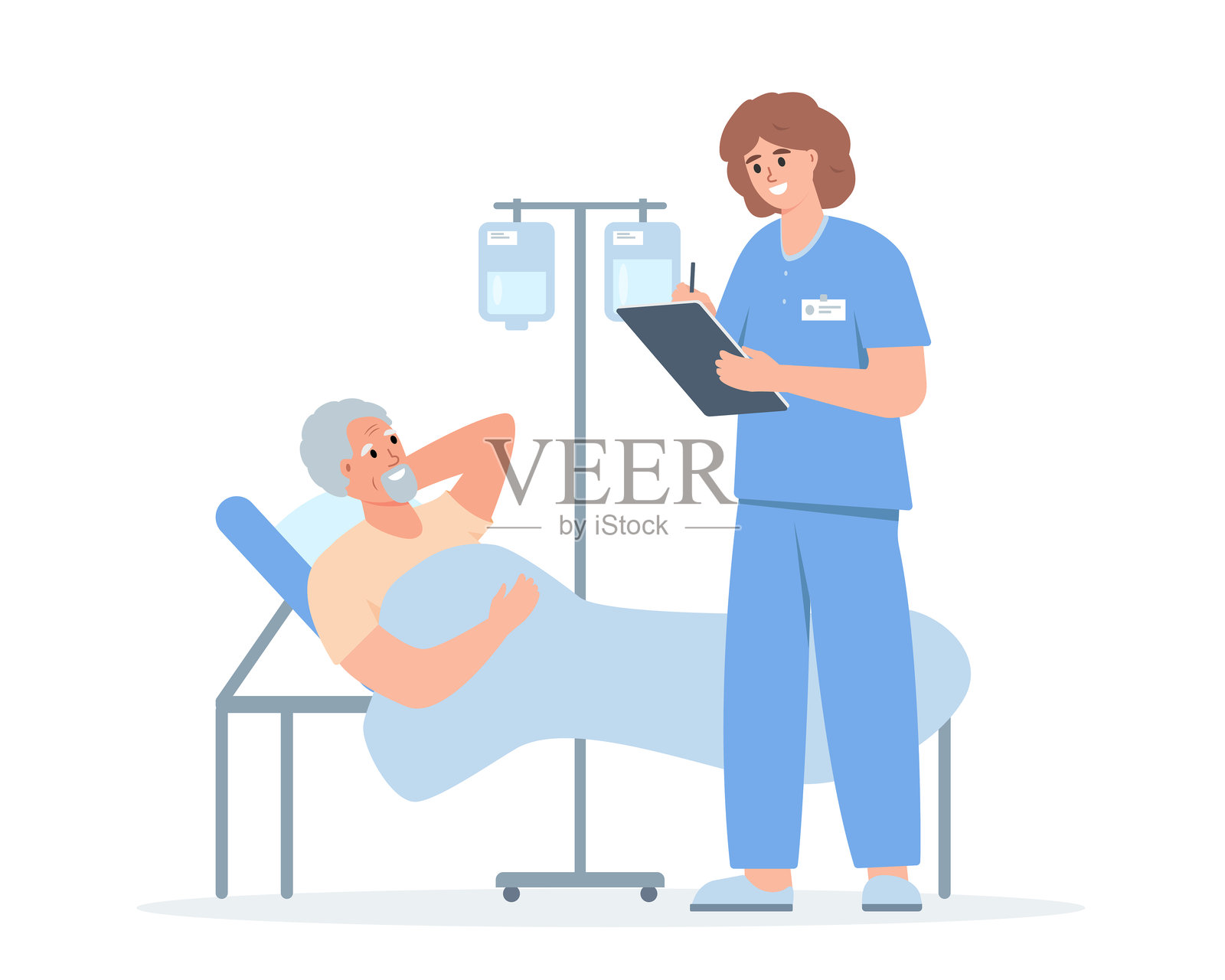 女性医生或护士角色手持平板电脑，陪伴一位男性老年患者。医院或诊所工作人员与生病的老年人。治疗与护理概念。插画图片素材