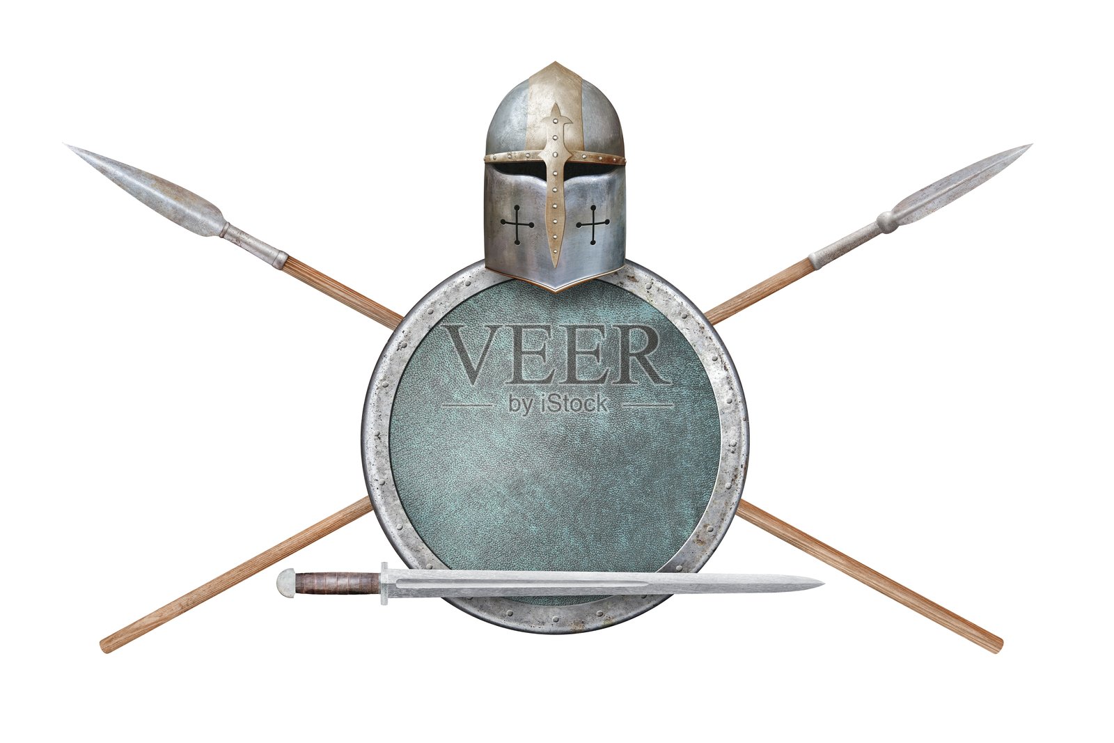 头盔、剑、圆形盾牌和两根长矛，孤立在白色背景上照片摄影图片