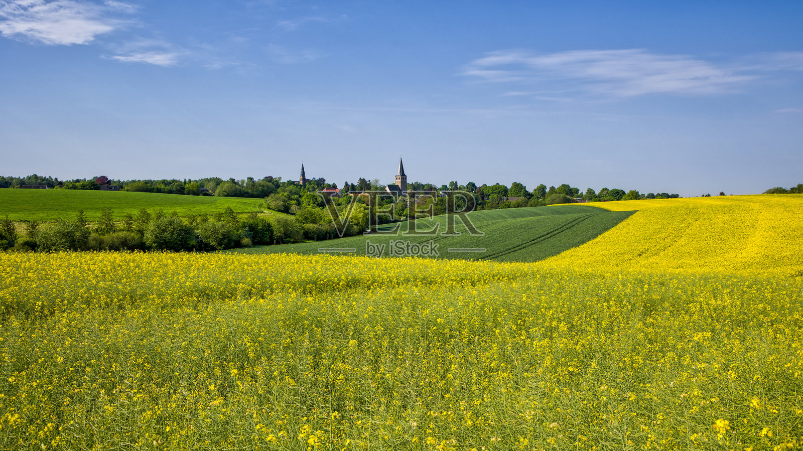 春天的油菜花田下，蓝天映衬着Ratingen Homberg的两座教堂。照片摄影图片
