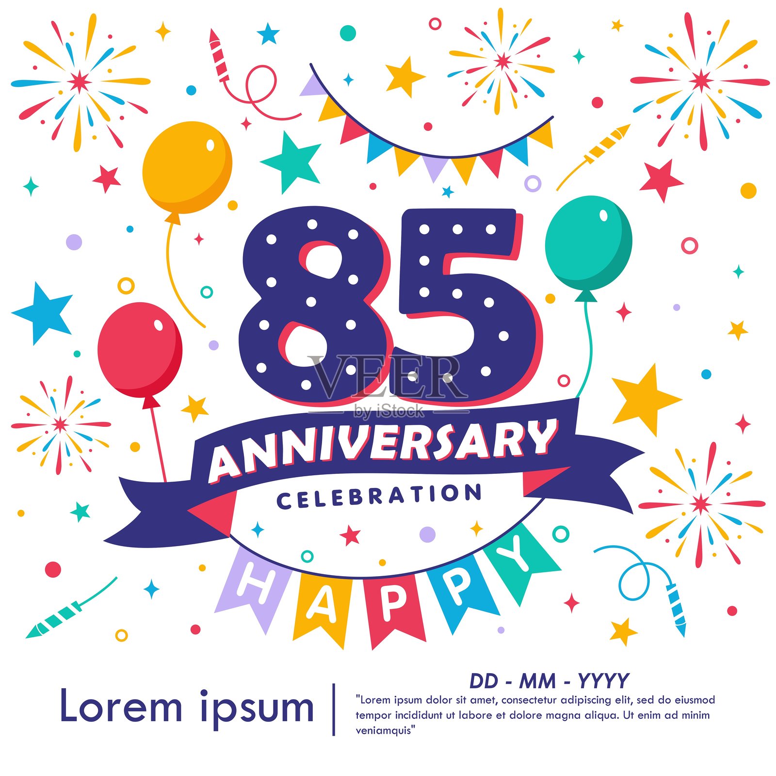 85周年庆典徽章。祝贺周年纪念的标志，配有气球、彩旗、丝带、烟花和星星。适用于网页、传单、海报和贺卡的矢量插图设计模板。插画图片素材