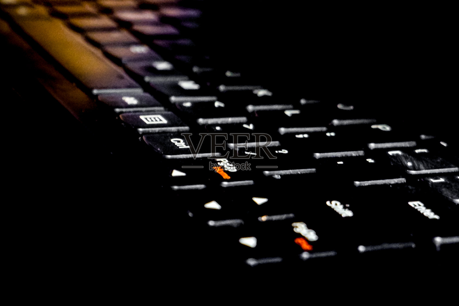 低光环境下计算机键盘的特写，聚焦于控制键照片摄影图片