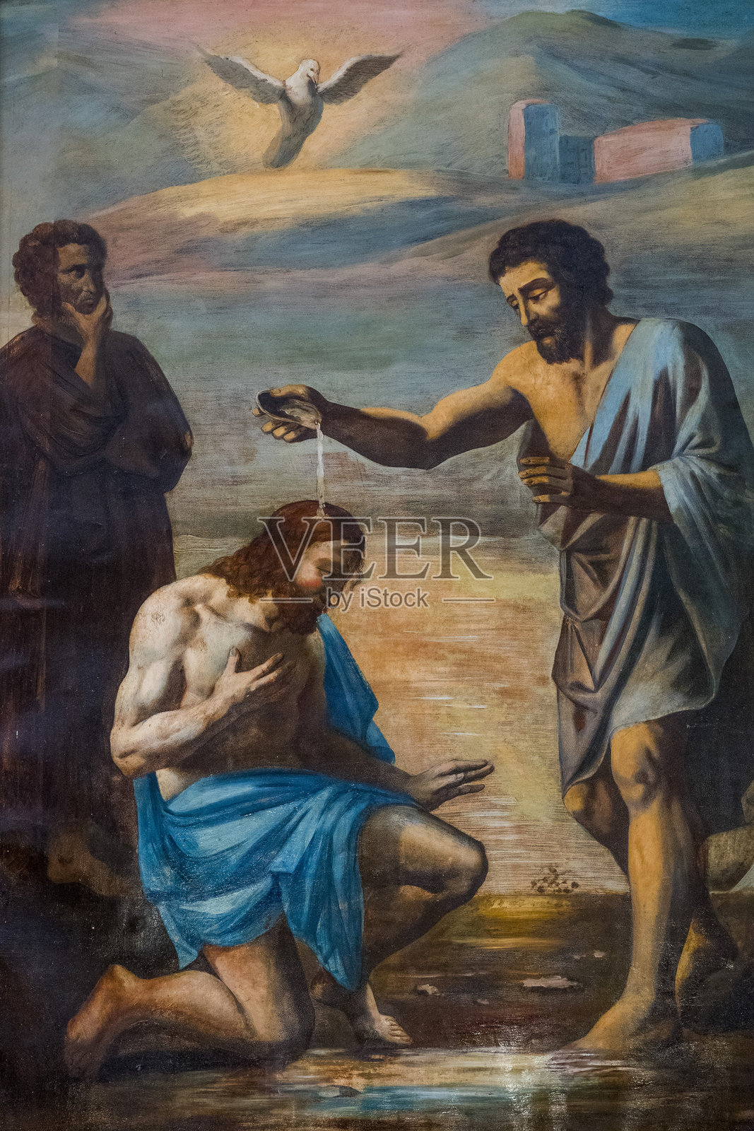 19世纪的画作：约翰施洗者在约旦河为耶稣施洗。照片摄影图片