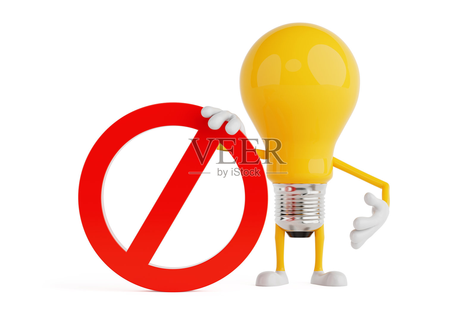 禁止和警告概念。黄色卡通灯泡角色手持红色禁止标志。3D渲染。照片摄影图片