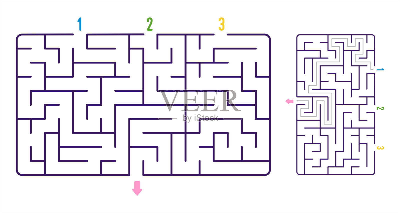 可爱的平面矢量儿童迷宫及其解决方案：简单的迷宫有三个入口插画图片素材