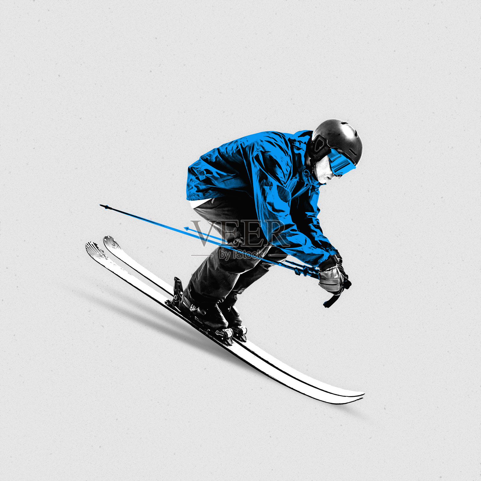 海报。现代艺术作品。蓝色的滑雪者在灰色背景下以空气动力学姿势穿越斜坡。纹理效果。照片摄影图片