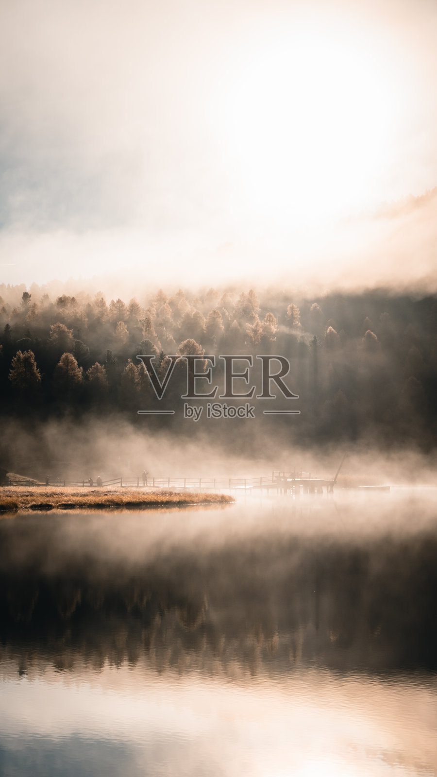 秋天的恩嘎丁阿尔卑斯山，山湖和森林上升起薄雾照片摄影图片