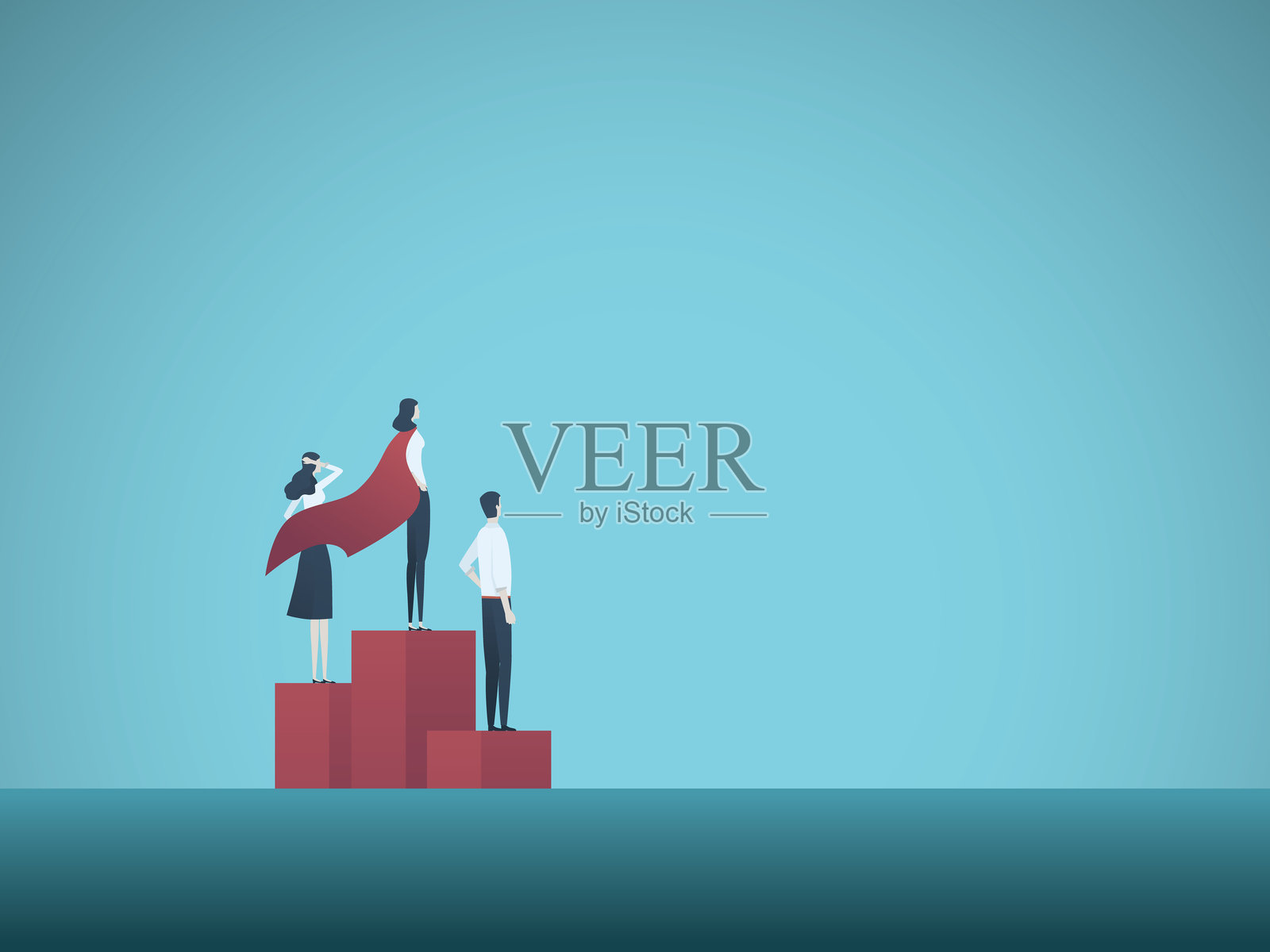 成功女性赢家矢量概念。穿着超级英雄斗篷的女商人在领奖台上获胜。成功、成就和雄心的象征。插画图片素材