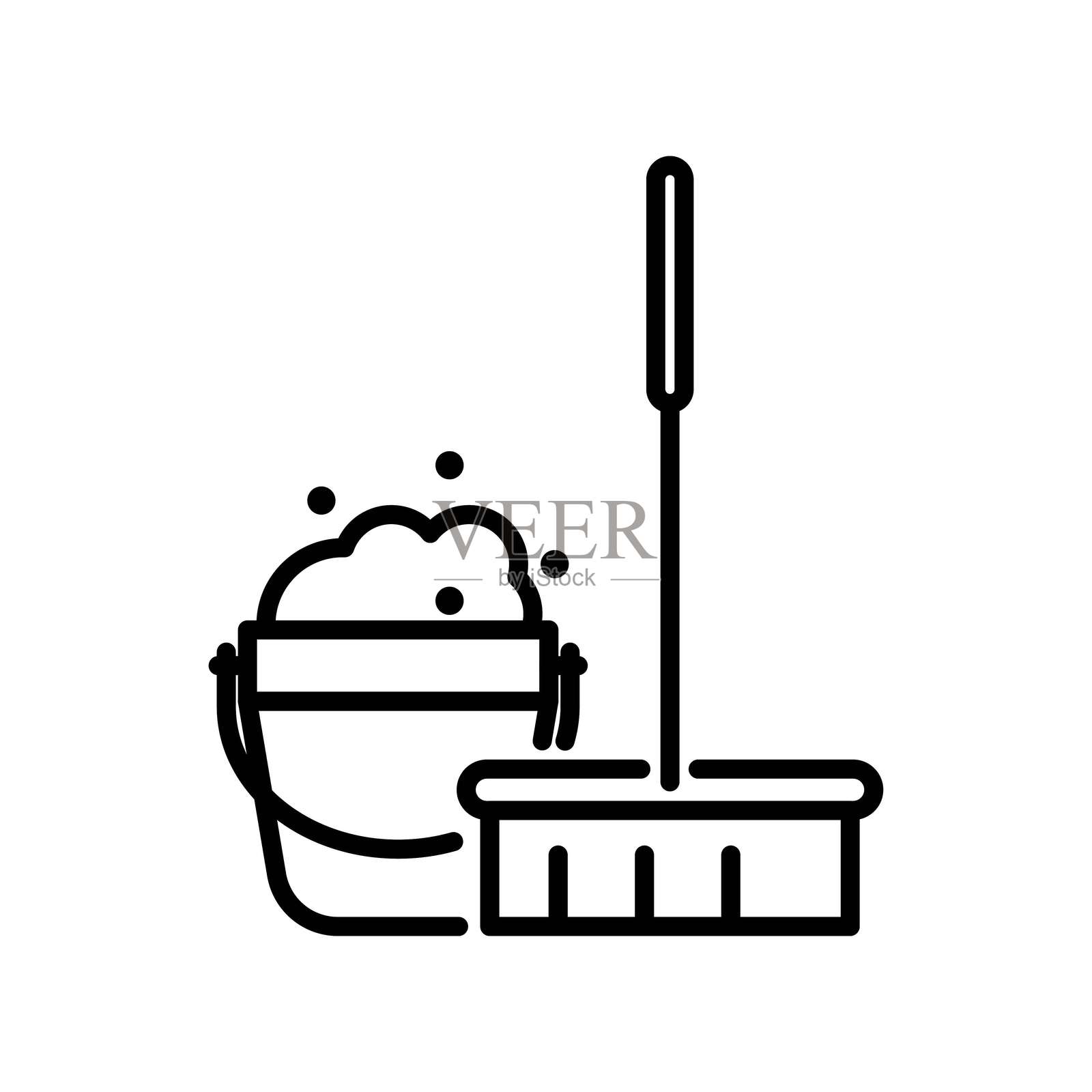 清洁用桶的线条图标。黑白地面清洁轮廓符号插画图片素材