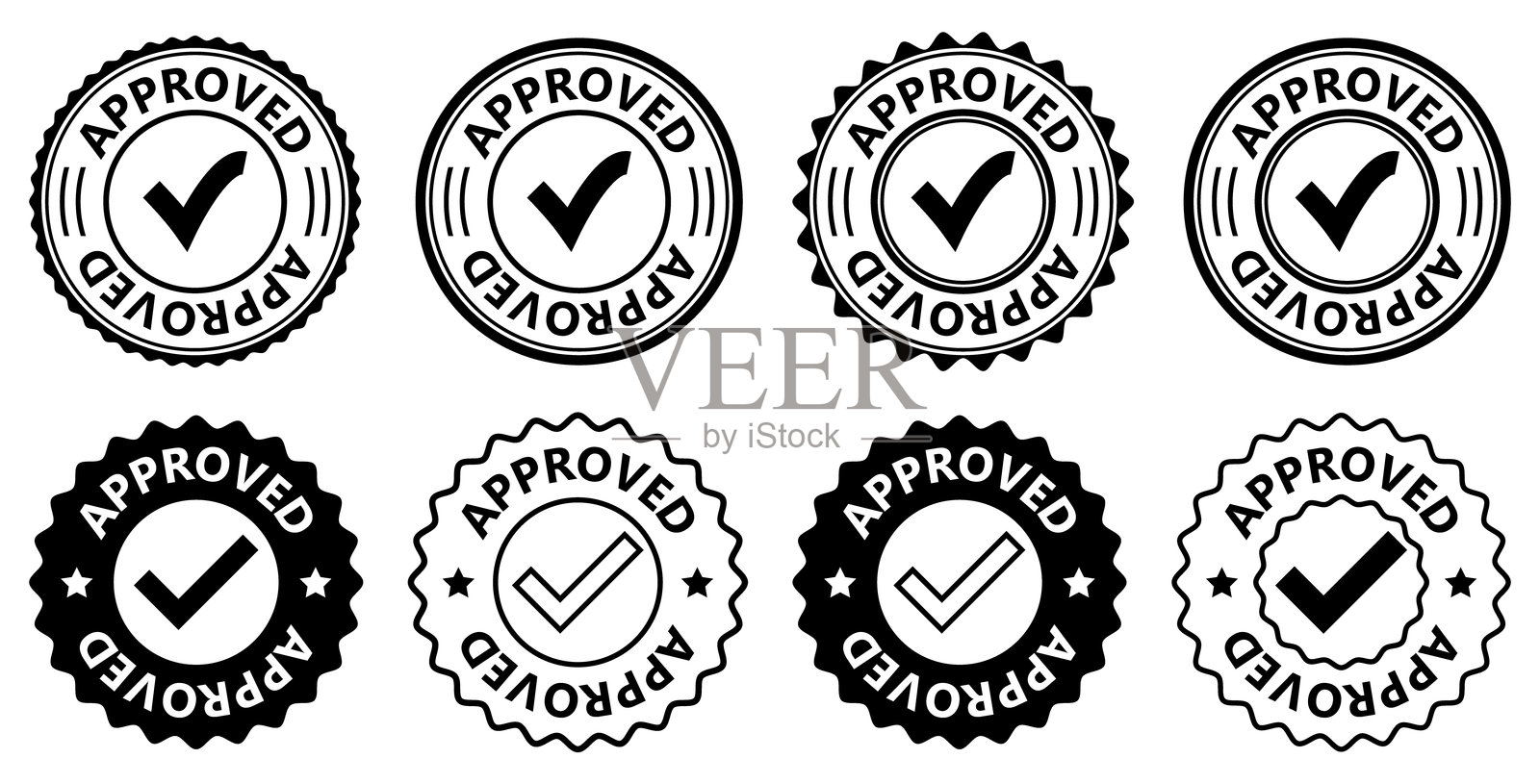 各种黑白色的批准勾选印章图标集合，包含圆形和波浪形等多种徽章样式，适合质量认证品牌使用。插画图片素材