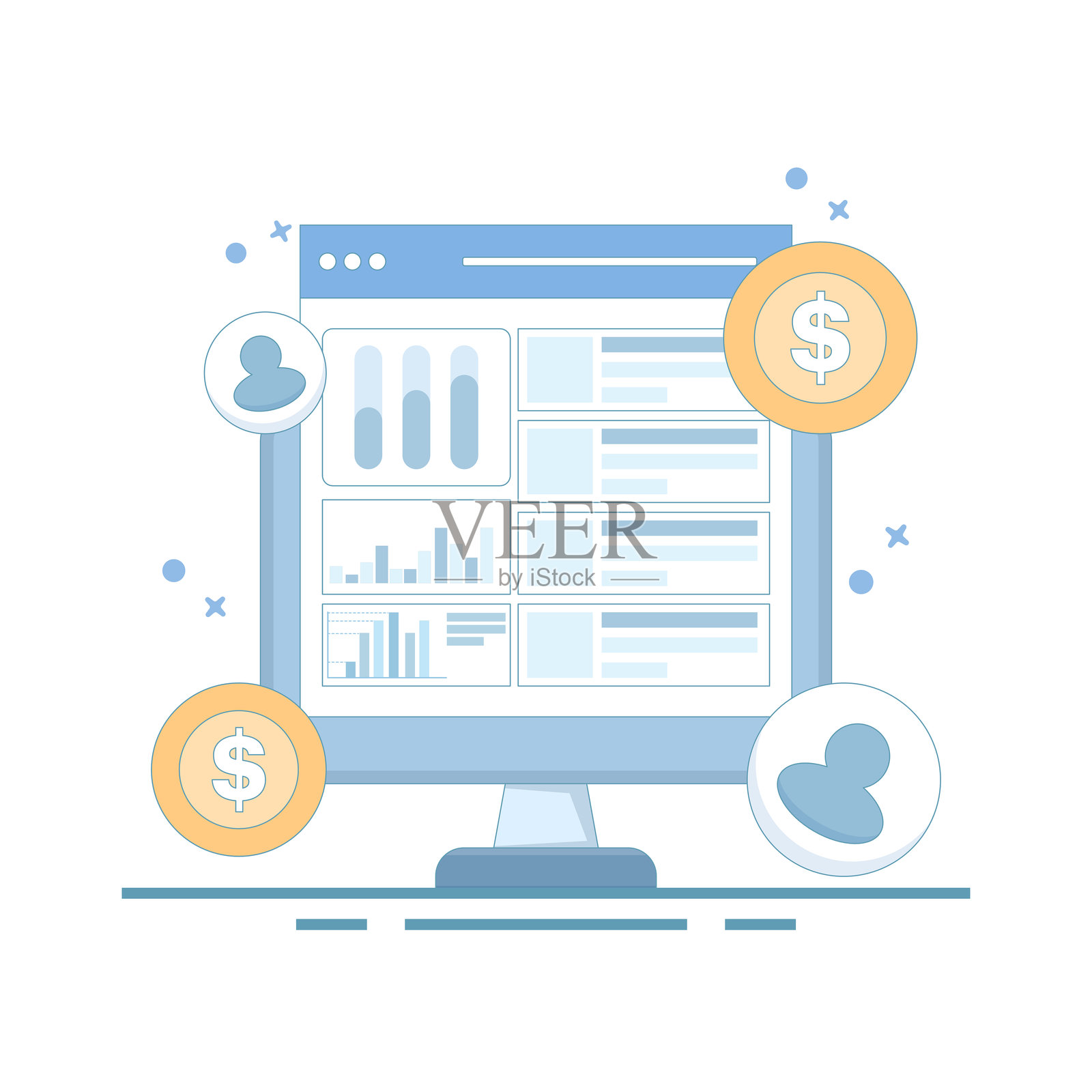 按点击付费（PPC）营销概念，网站PPC活动，PPC活动分析，数字广告活动。按点击付费营销，网站付费流量。成功的PPC策略。插画图片素材