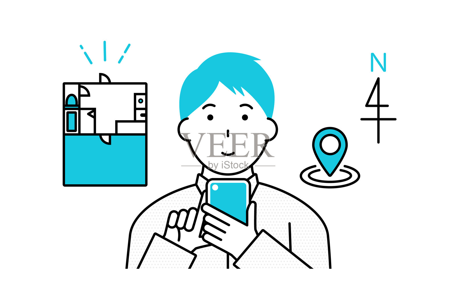 一名男子使用智能手机寻找出租房产的插图插画图片素材