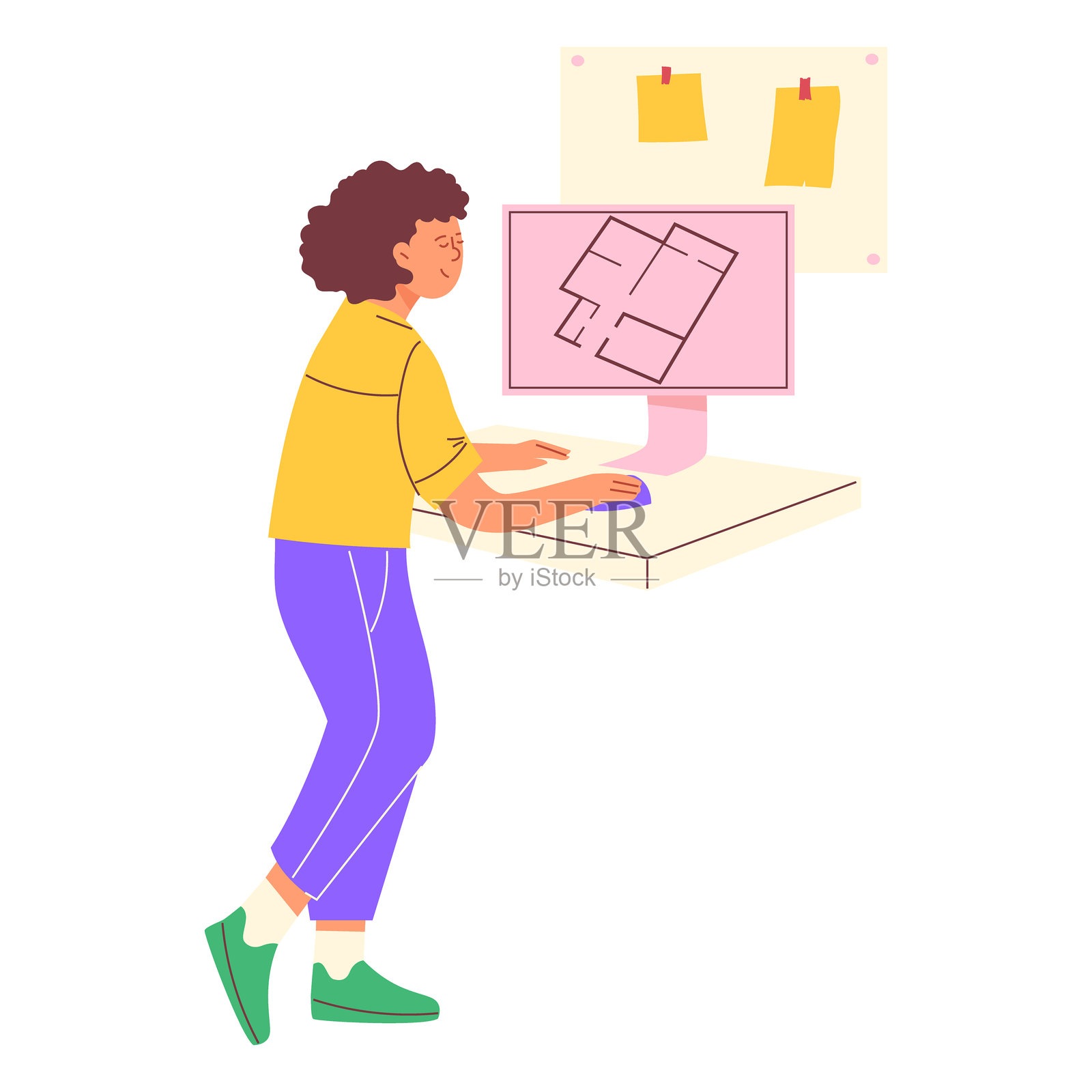 女孩设计师在电脑上制定公寓设计方案。插画图片素材