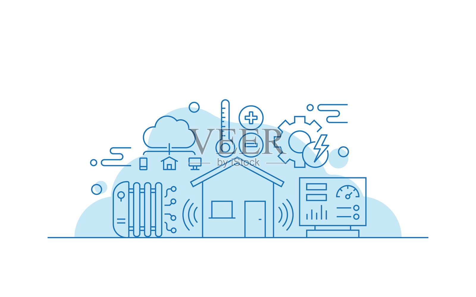 智能家居相关的矢量插图。科技、未来主义、自动化、人工智能、物联网。插画图片素材