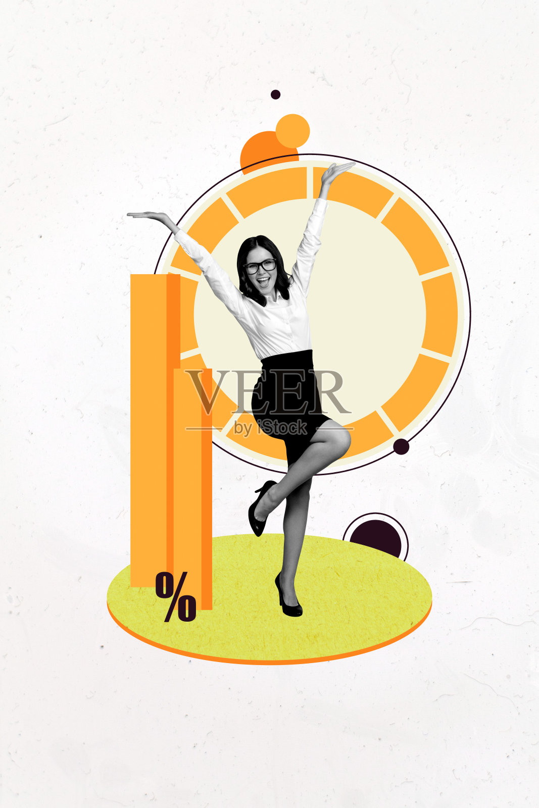 快乐的女商人和男商人站在图表前，展示职业发展进程的趋势图像拼贴横幅。照片摄影图片