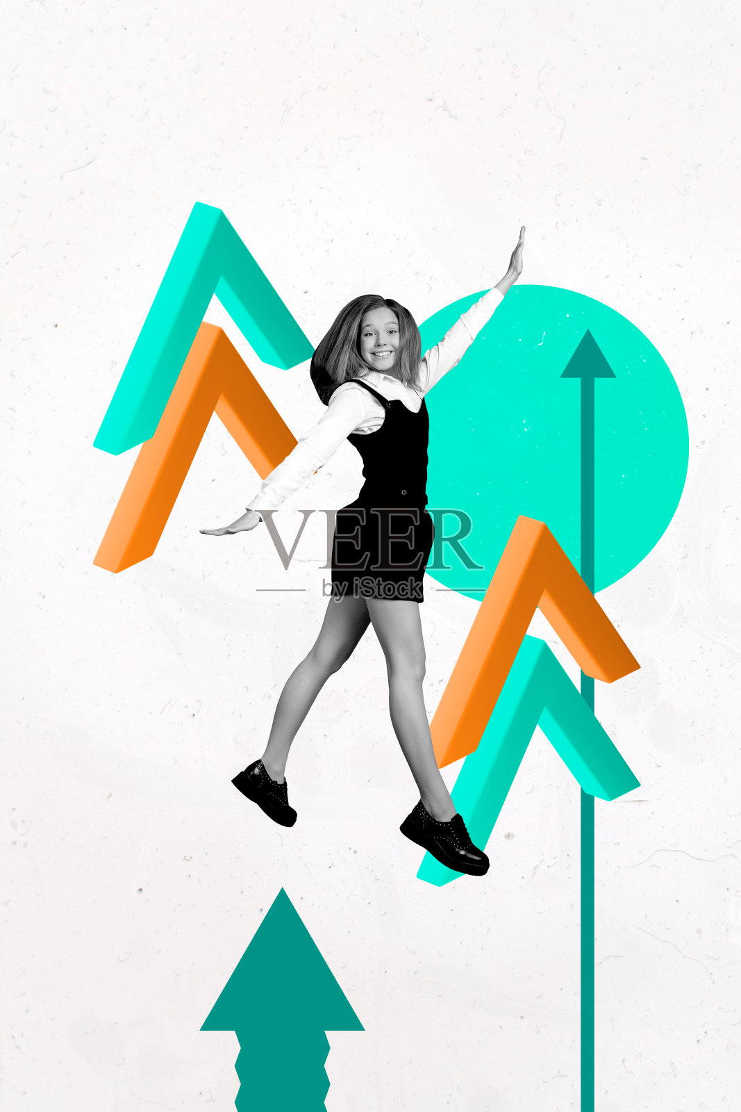 时尚的垂直图像艺术拼贴，展示快乐的女商人和男商人收到箭头进度统计的职业晋升。照片摄影图片