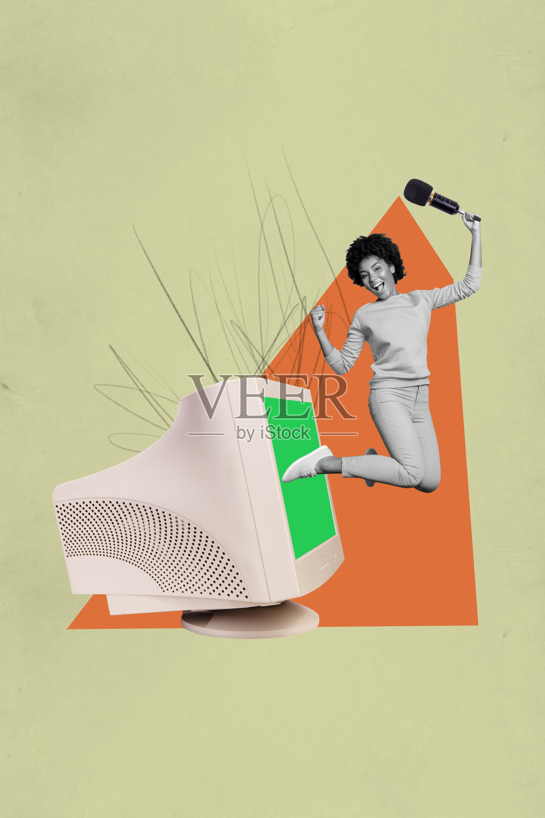 时尚艺术创意杂志照片拼贴，快乐的女孩和男孩携带麦克风，报道简报，电脑显示器，办公室播客，卡拉OK照片摄影图片