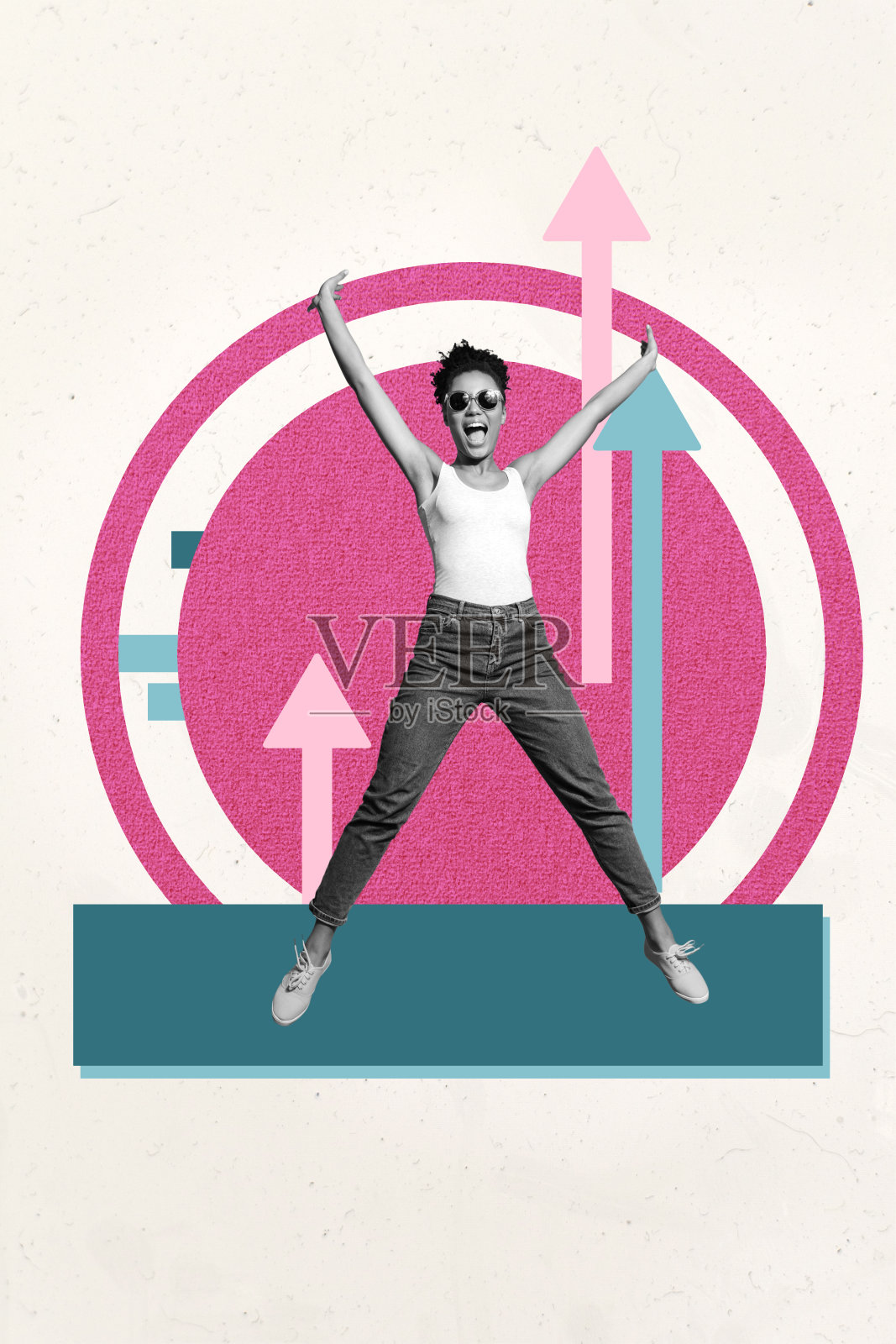 流行杂志风格的素描艺术拼贴，展示快乐的男商人和女商人站在箭头旁，象征着发展、成功、统计、目标和成就。照片摄影图片