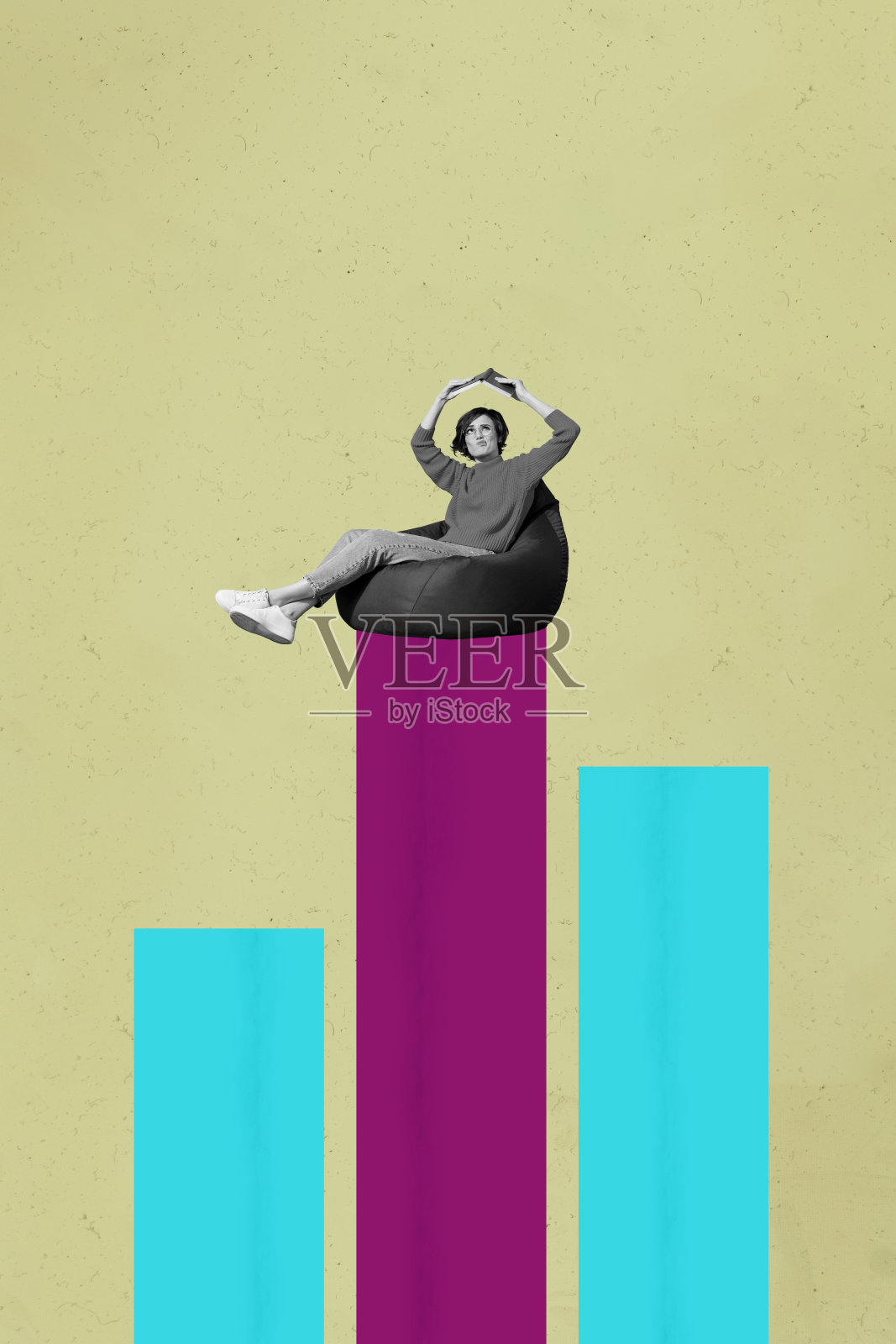 时尚艺术创意杂志照片拼贴，快乐的男商人和女商人站在统计图表前，展示发展目标和成就。照片摄影图片