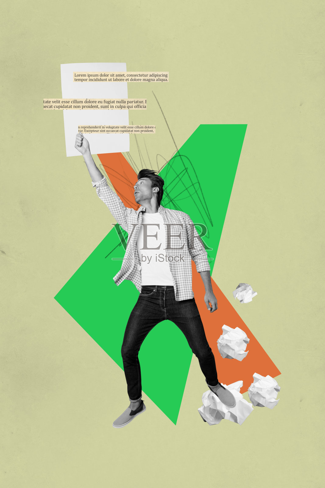 流行艺术杂志风格的照片拼贴，展示快乐的女商人和男商人获得晋升，体现职业目标、成就、机会与成功。照片摄影图片