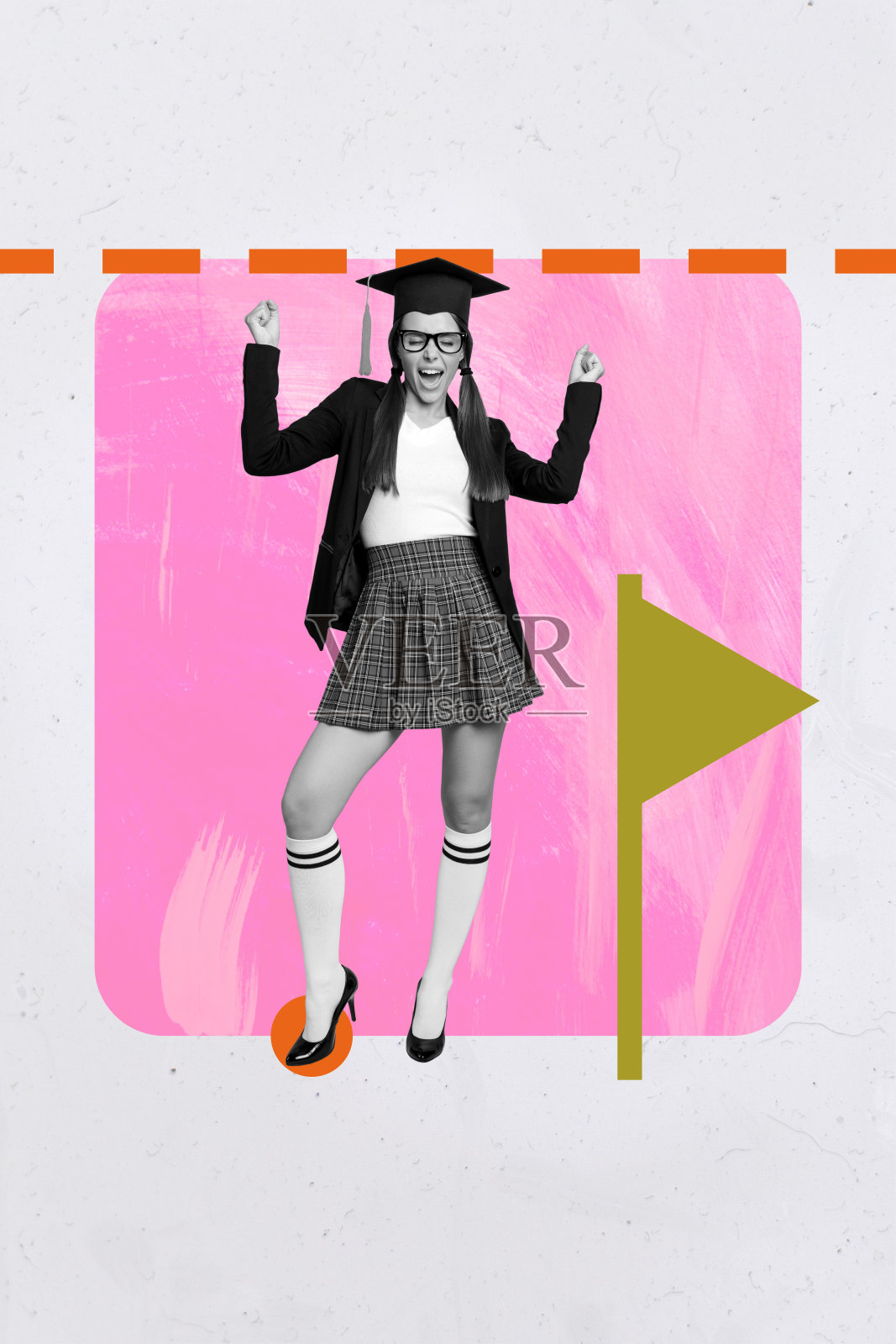 时尚海报艺术拼贴，快乐的男商人和女商人站在终点旗杆旁，象征着成就、进步、机会和雄心。照片摄影图片