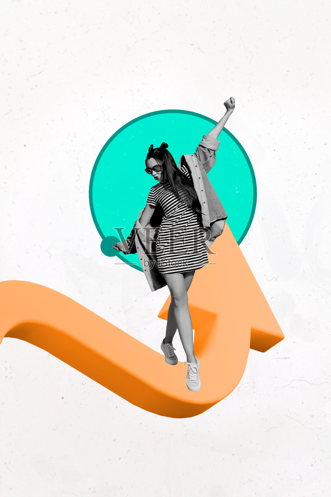 时尚的垂直图像艺术拼贴，展示快乐的女商人和男商人收到箭头进度统计的职业晋升。照片摄影图片