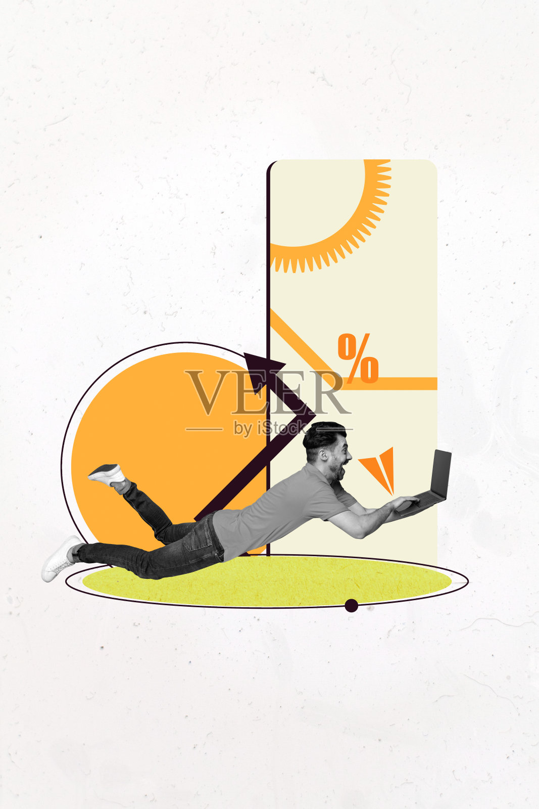 时尚的素描艺术拼贴，快乐的男商人和女商人站在箭头、发展标签、齿轮、优化图表旁边。照片摄影图片