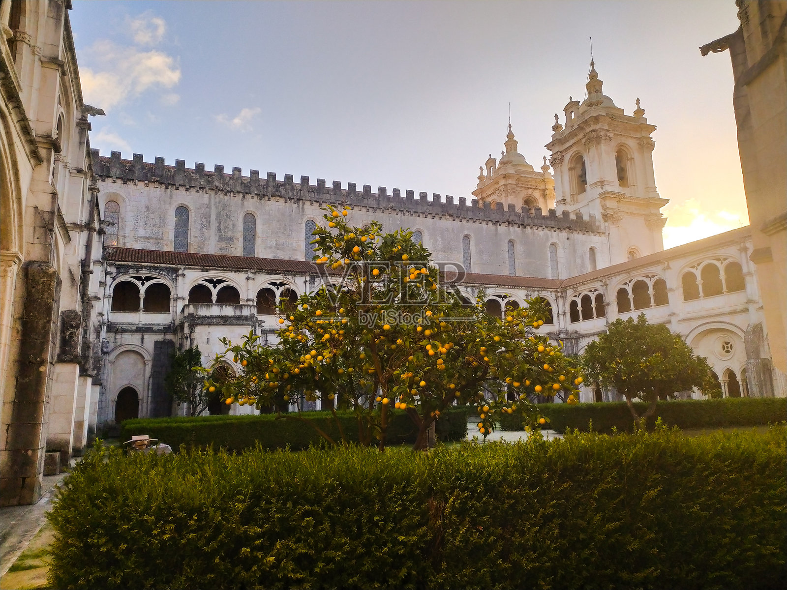 阿尔科巴萨圣玛利亚修道院。修道院庭院内有柑橘树和建筑细节。照片摄影图片