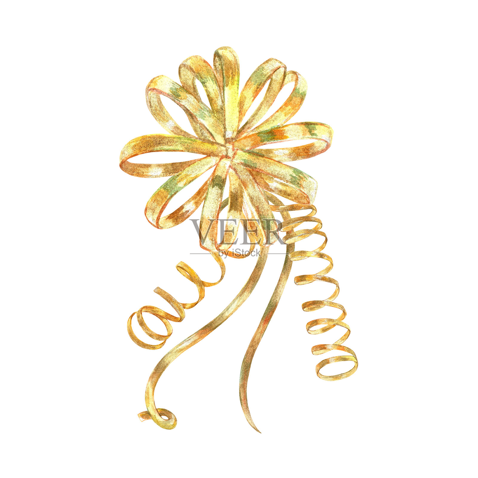 金色生动的卷发、蝴蝶结、丝带的集合，采用水彩手绘，辅以金色涂料的点缀。孤立的元素适用于装饰和设计纺织品、室内、壁纸、印刷品和包装。插画图片素材