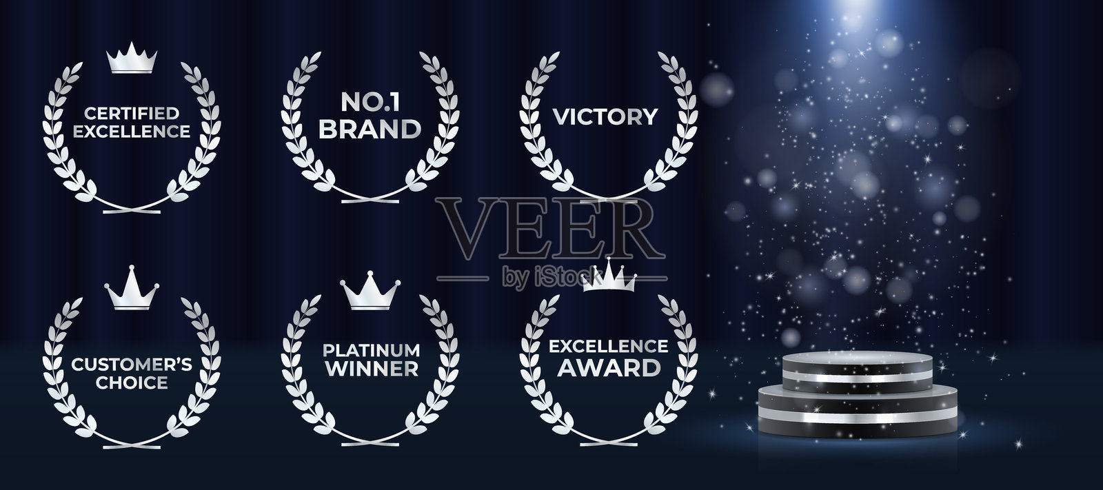 最佳成就徽章，装裱在金色月桂树优雅框架中。冠状叶环象征着荣誉和官方卓越。该系列包括精致的奖项花环矢量图。最佳选择印章。插画图片素材