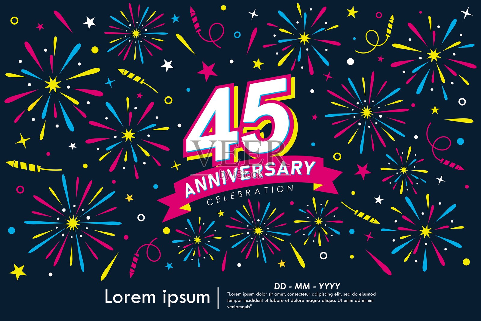 45周年庆典徽章。祝贺周年纪念的标志，配有五彩缤纷的烟花、星星闪烁和丝带。适用于网页、传单、海报、贺卡的矢量插图设计模板。插画图片素材