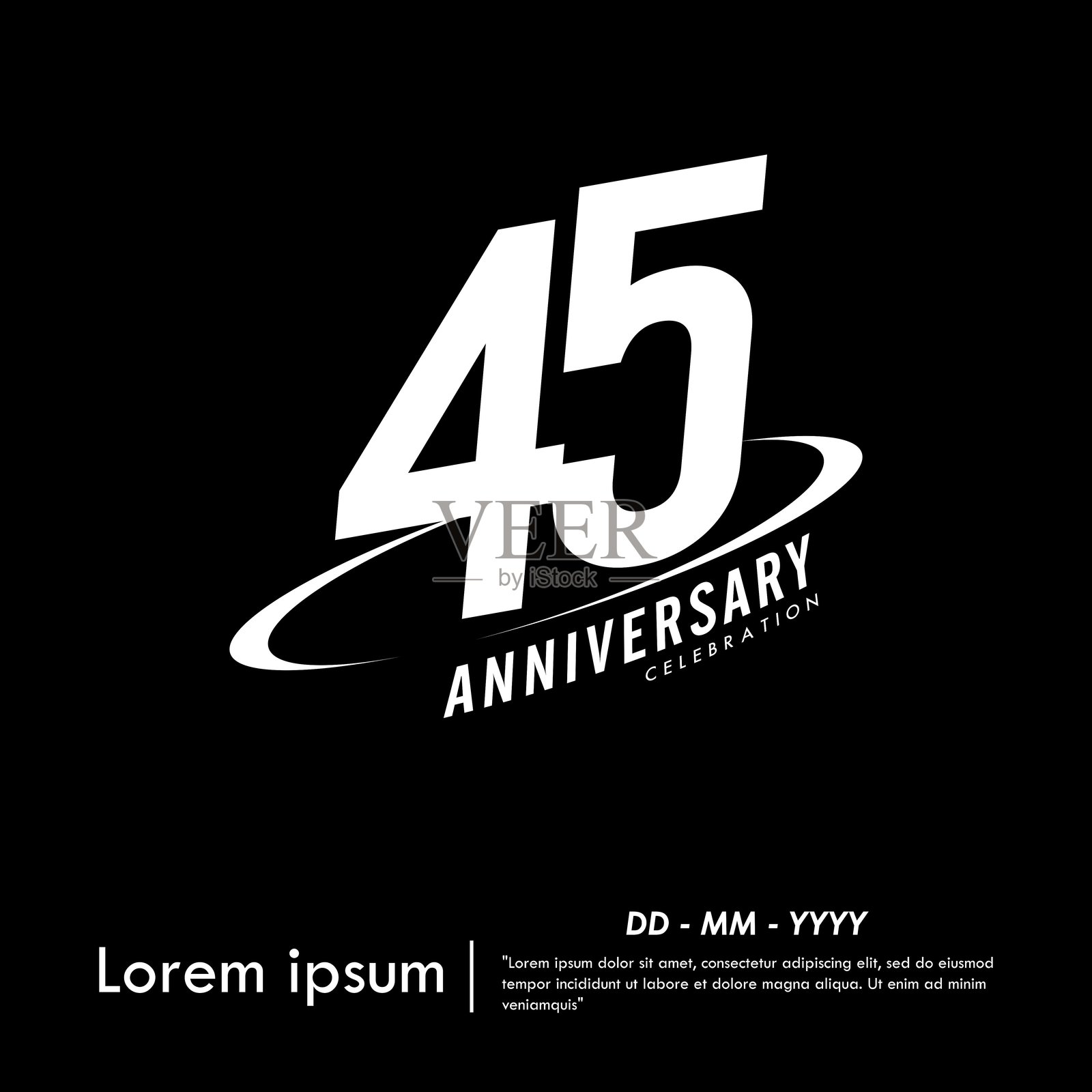 第45周年纪念庆祝徽章。恭贺周年纪念的标志，带有椭圆形环。黑白色调。适用于网页、传单、海报、贺卡的矢量插图设计模板。插画图片素材