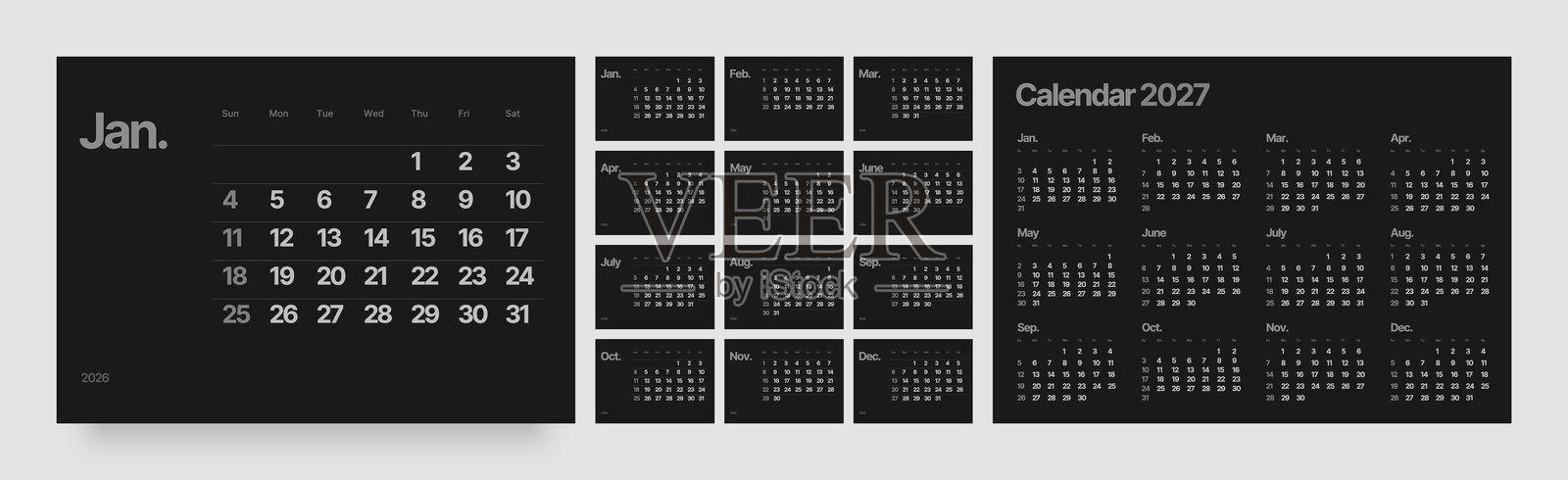 2026年每月日历布局。计划日记。插画图片素材