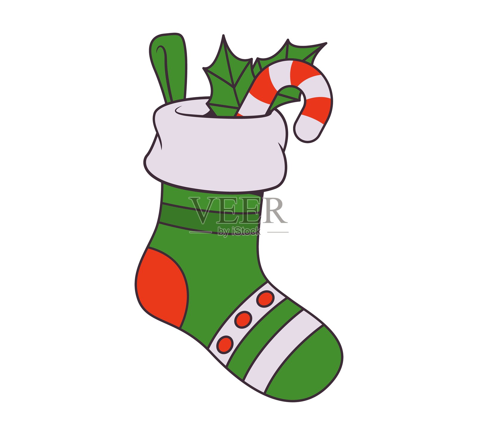 圣诞袜里装着糖果手杖和冬青叶插画图片素材