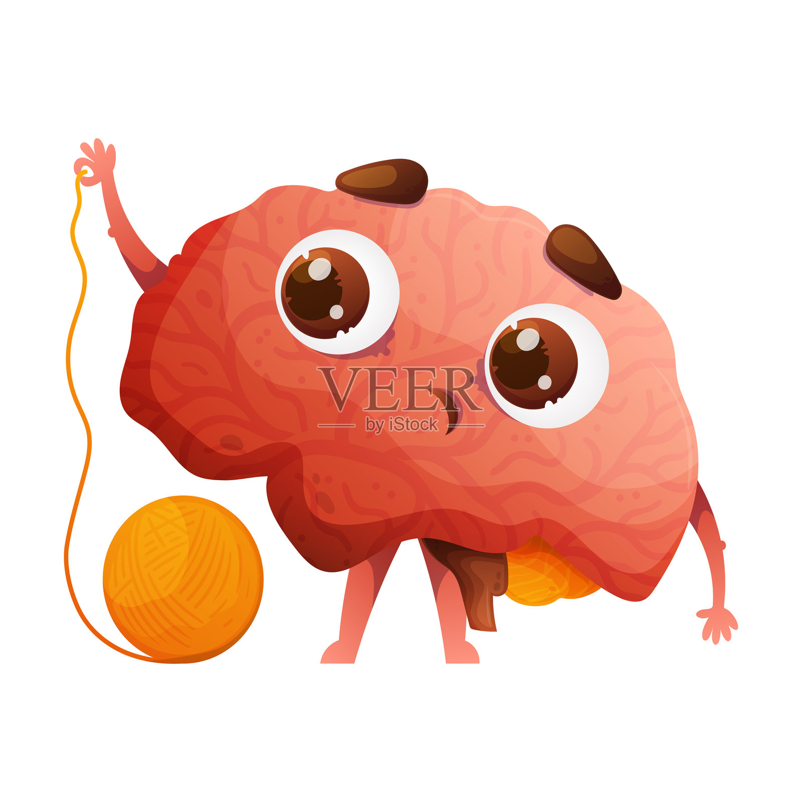 卡通风格的人体器官角色集合。一个热情招手的心脏。一对相爱的肺部在拥抱。大脑露出惊讶的表情，从一团纠结的思绪中拉出一根线。插画图片素材