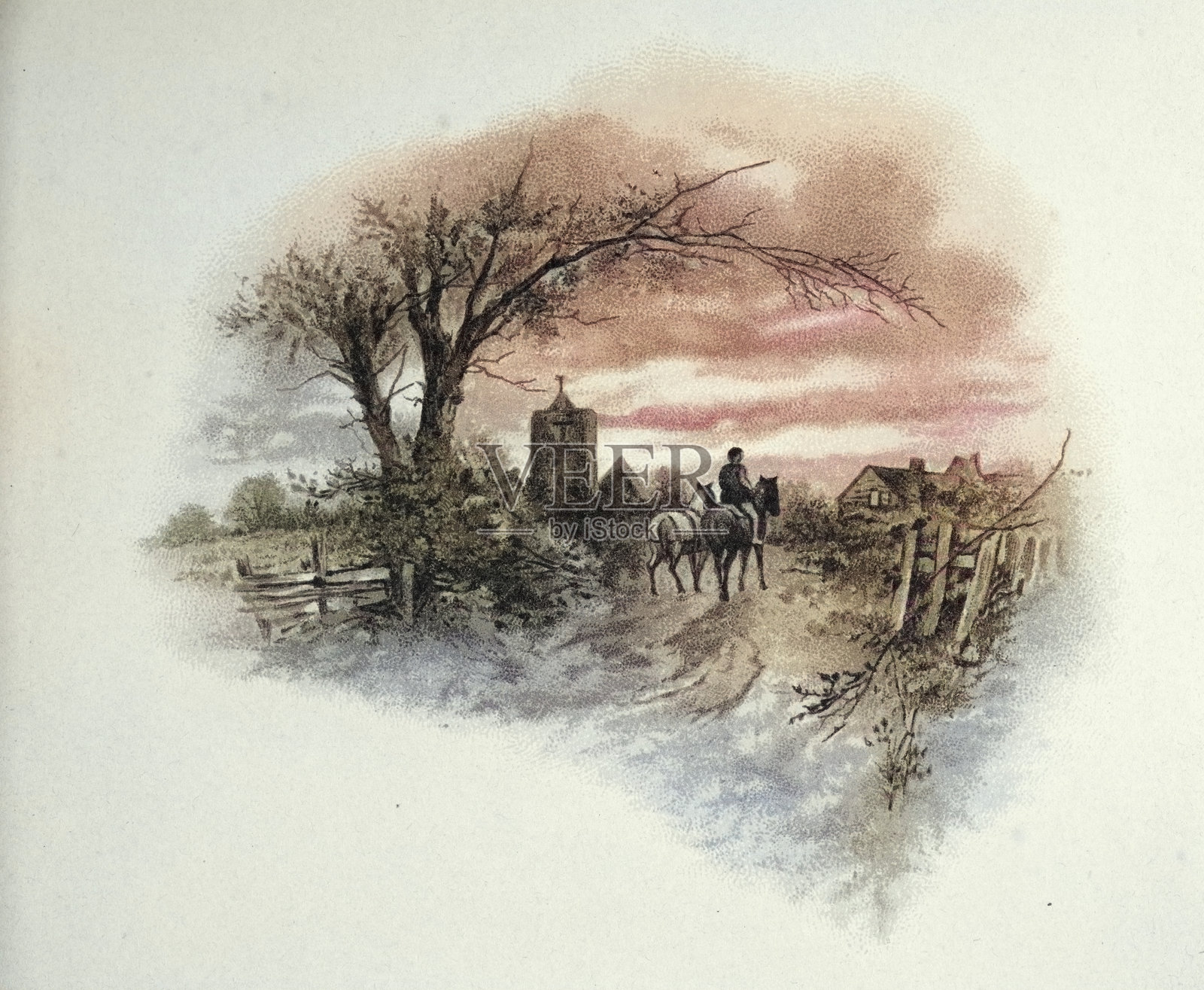 日落时骑马回家的乡村，维多利亚时代19世纪，复古插图插画图片素材