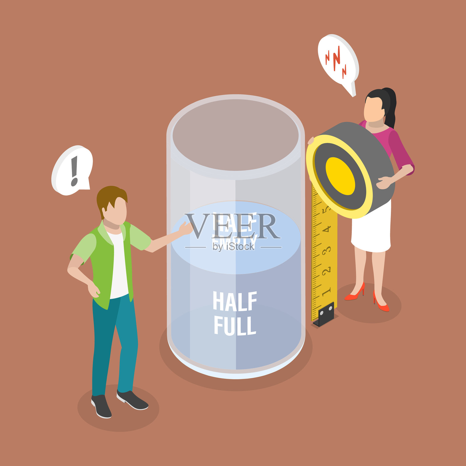 乐观主义者与悲观主义者的3D等距平面矢量插图插画图片素材