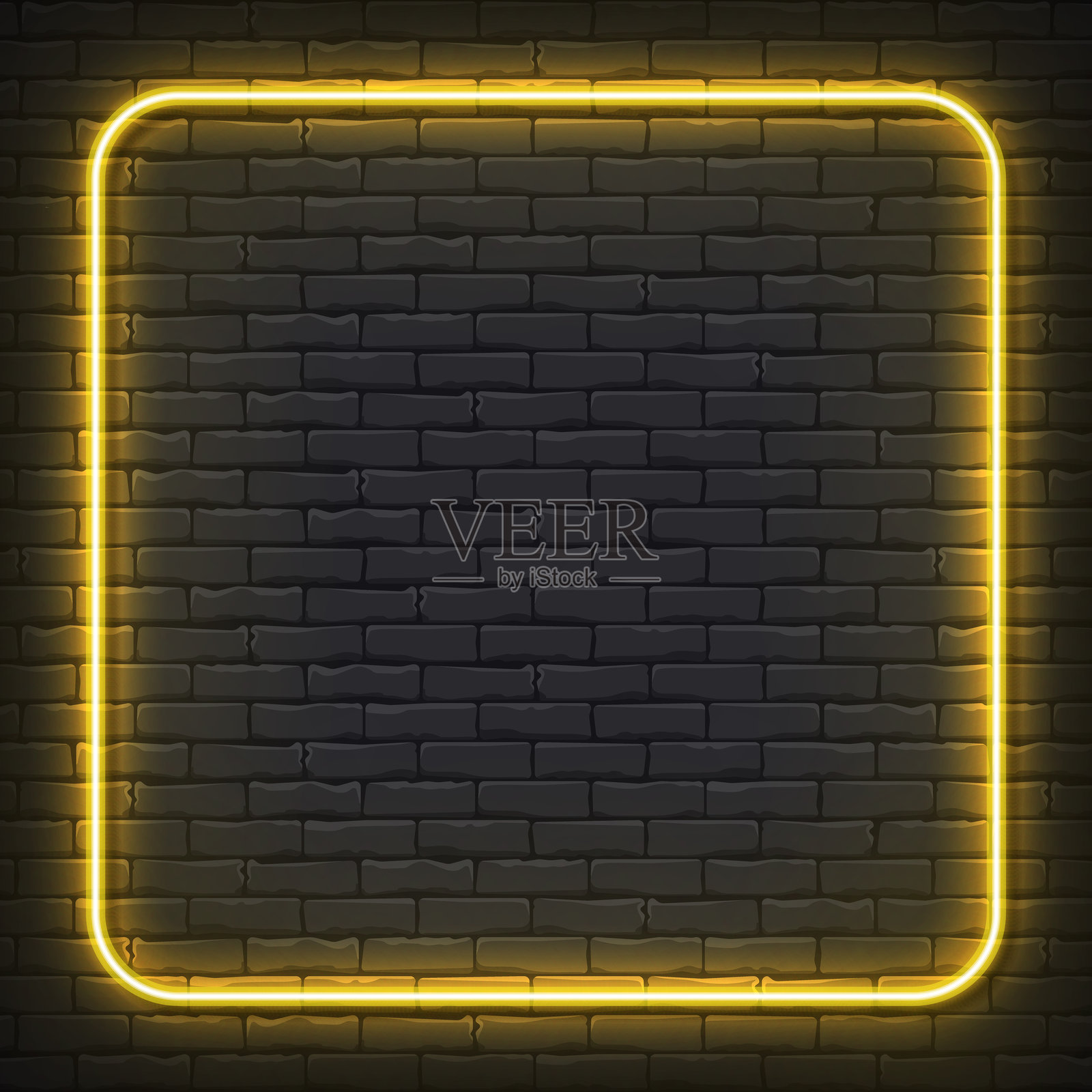砖墙背景上的方形黄色霓虹框架社交媒体展示模板插画图片素材