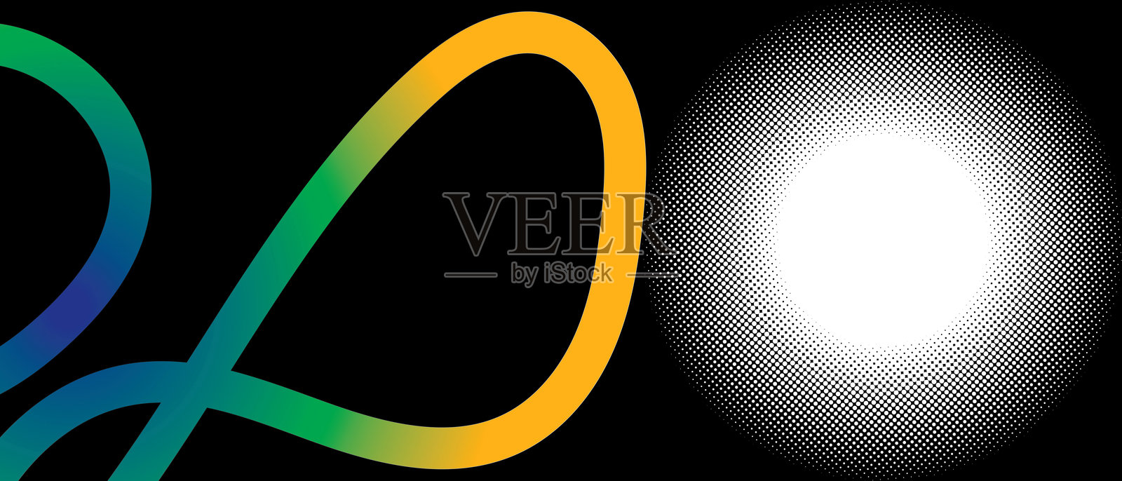 彩色波浪涂鸦丝带与黑色背景上的白色半色调圆圈插画图片素材