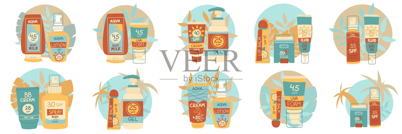 带有防晒指数的化妆品套装。旨在滋养和保护肌肤的产品组合。热带叶子环绕。面部和身体护理产品。各种化妆品瓶子，包括乳液、面霜和喷雾。插画图片素材