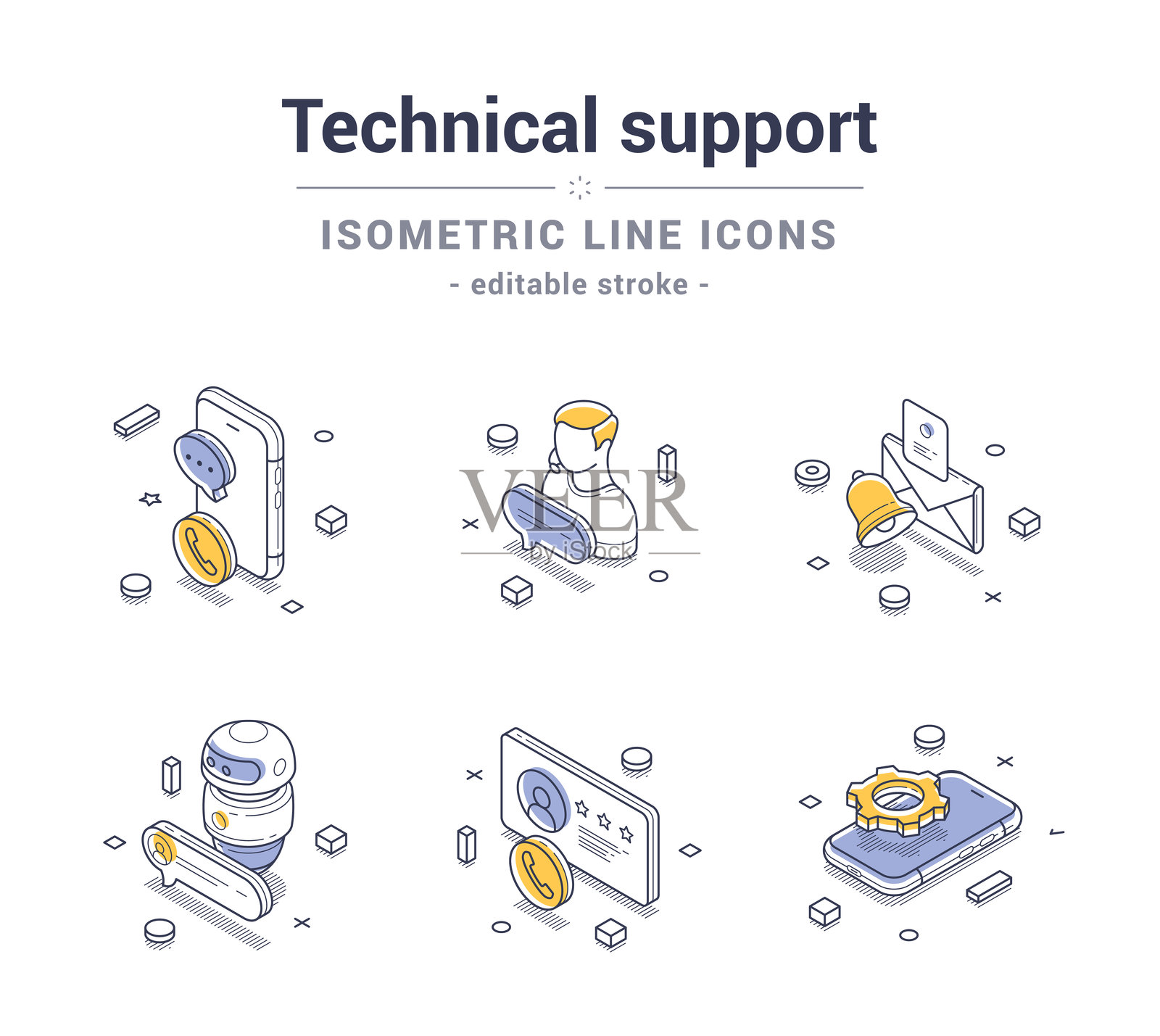 展示技术支持概念的等距线条图标，采用独特的矢量设计插画图片素材